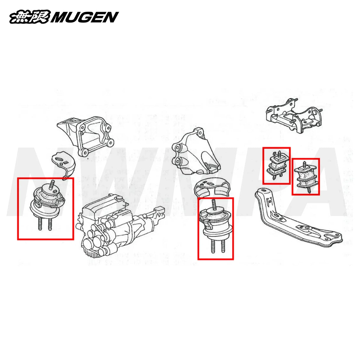 Mugen Engine Mount Set - 4 Piece Set - S2000 - Engine Bay exploded diagram engine transmission mounts