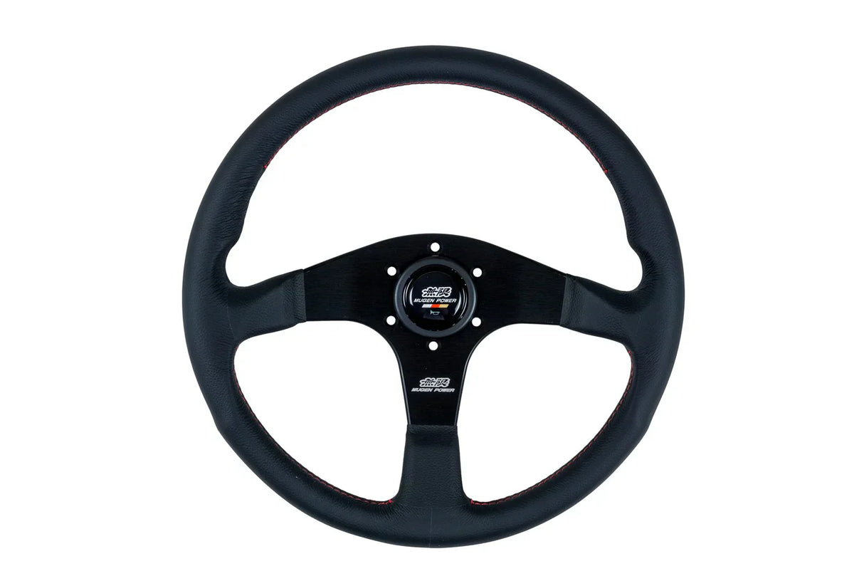 Mugen Racing III 350mm Steering Wheel - Smooth Leather - Red Stitching - Interior